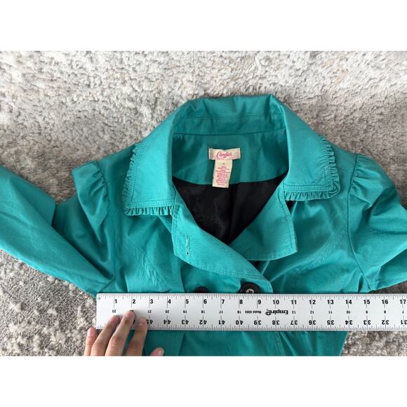 Candies Size S Outdoor Tie Front Button Coat Blue Long Sleeve Lined Collar - Picture 8 of 11